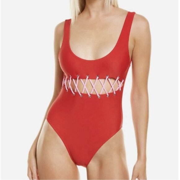 Lovers + Friends Red Caged In One Piece Swimsuit Cutout Pink Lace Women’s Large - Picture 1 of 7